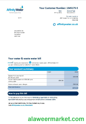 United Kingdom Affinity Water business utility bill template in Word and PDF formats